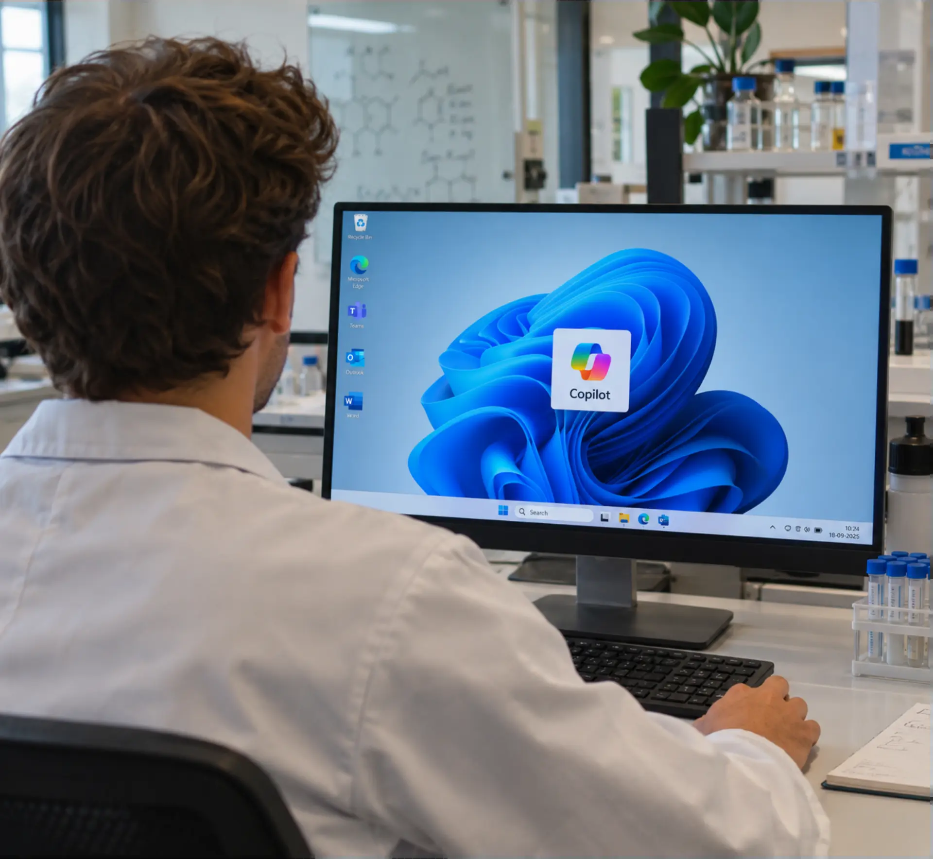 A scientist in a lab coat working at a computer running Microsoft Copilot